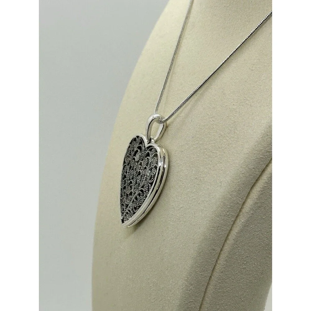 Filigree Heart Pendant Necklace Silver Tone Cottagecore Romantic